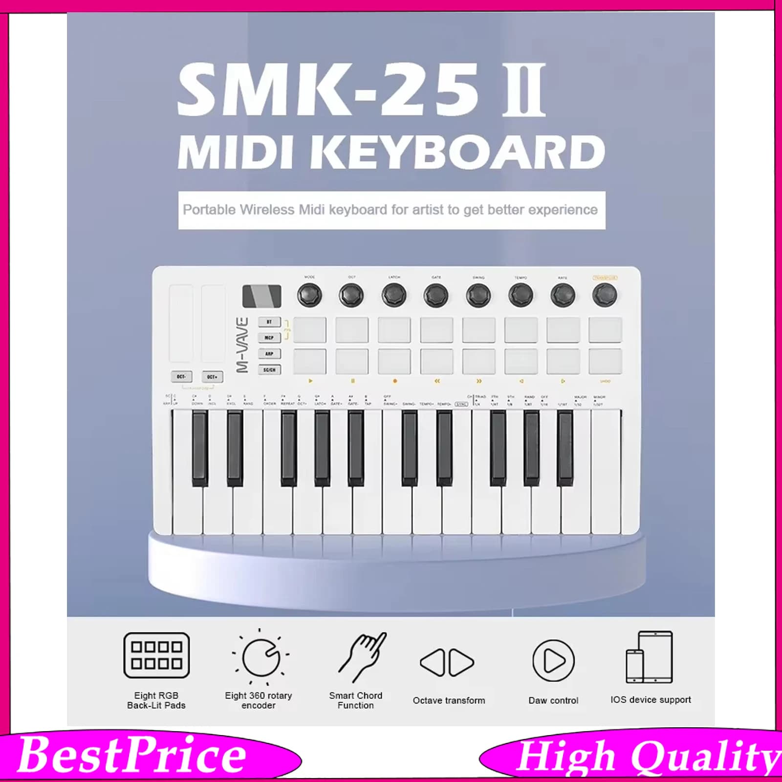 M-VAVE SMK-25 II MIDI Pad Controller｜25 Key Mini Keyboard｜16 RGB Drum Pads｜8 Knobs｜DAW Software｜Direct from China