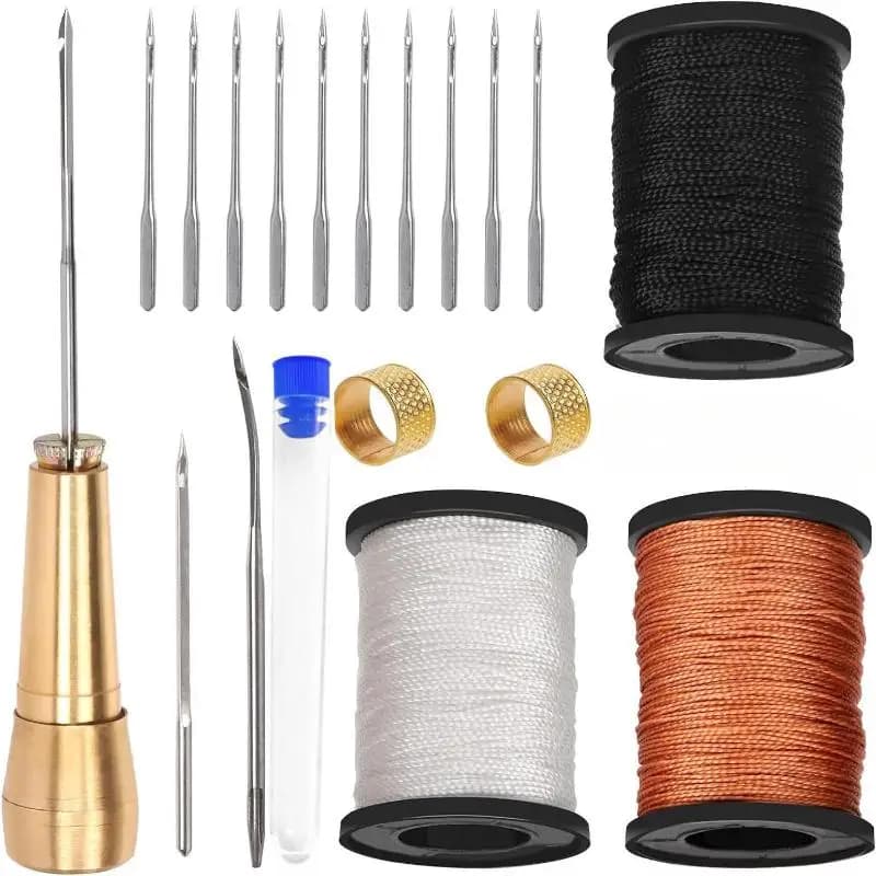 【B】1Set DIY Leather Sewing Kit Leather Sewing Awl Needle With Copper Handle Set Repairing Leather Shoes Sewing Tools Set