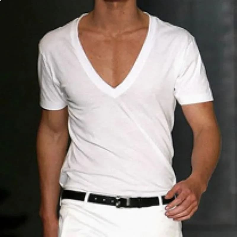 Men's Basic White Deep V-Neck Cotton Short Sleeve T-Shirt Soft Casual Tee Top
