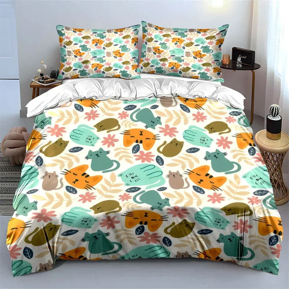 "Cartoon Cat Print Decor Set" Soft Comfortable Duvet Cover Bedding Set Included 1*Duvet Cover & 2*Pillowcases, gift