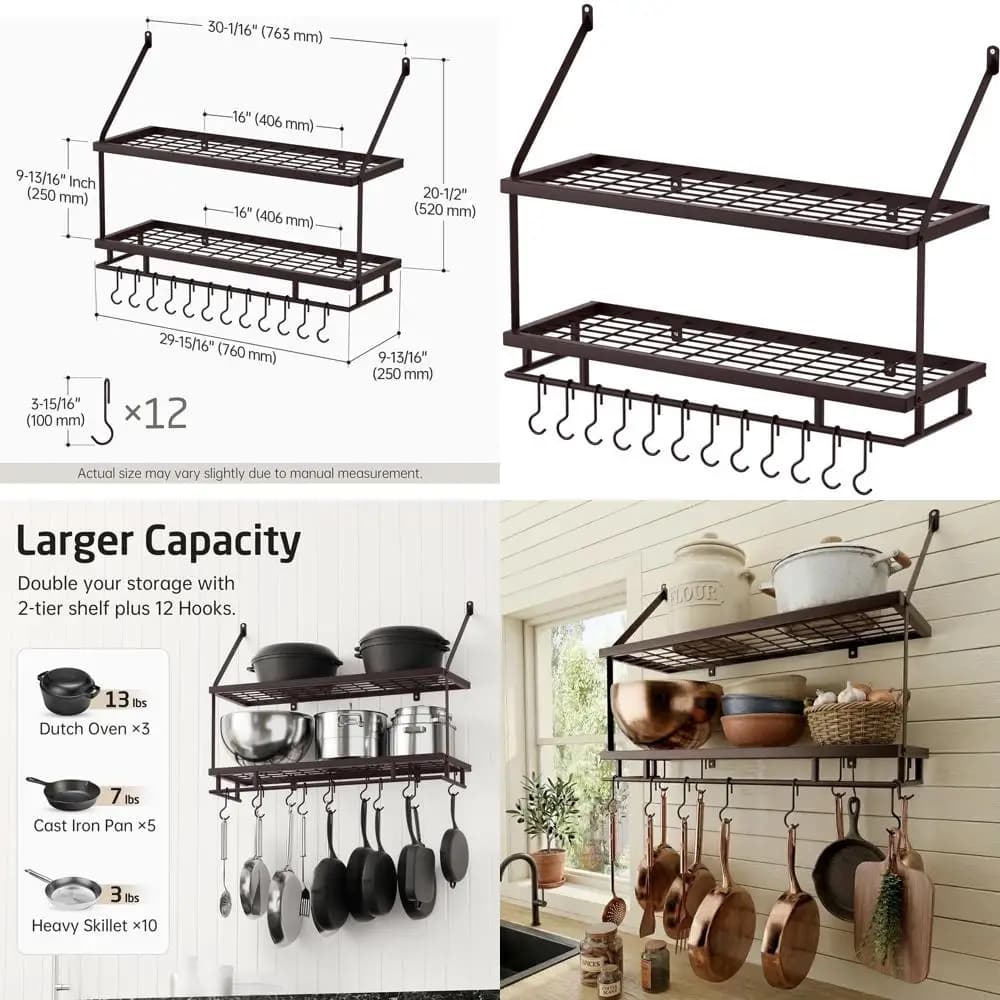 Portavasi a 2 livelli da parete in bronzo oliato da 30 pollici con 12 ganci, scaffali organizer da cucina sospesi