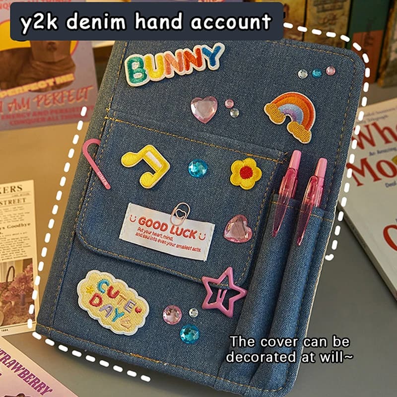 Diario creativo per quaderni in denim, diario con registro a mano, con tasca per notebook per ragazze, per riporre articoli di cancelleria, materiale scolastico coreano