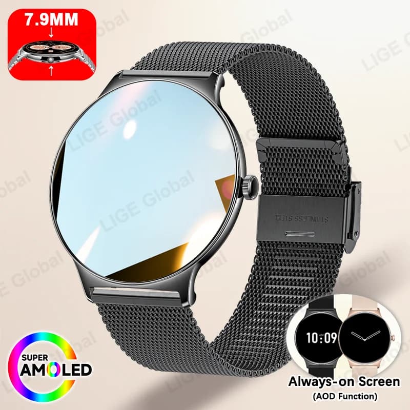 LIGE Smartwatch Ultra Sottile alla Moda per Donne, Display AMOLED Sempre Attivo, Chiamate Bluetooth, Braccialetto Sportivo, Regalo per Donna