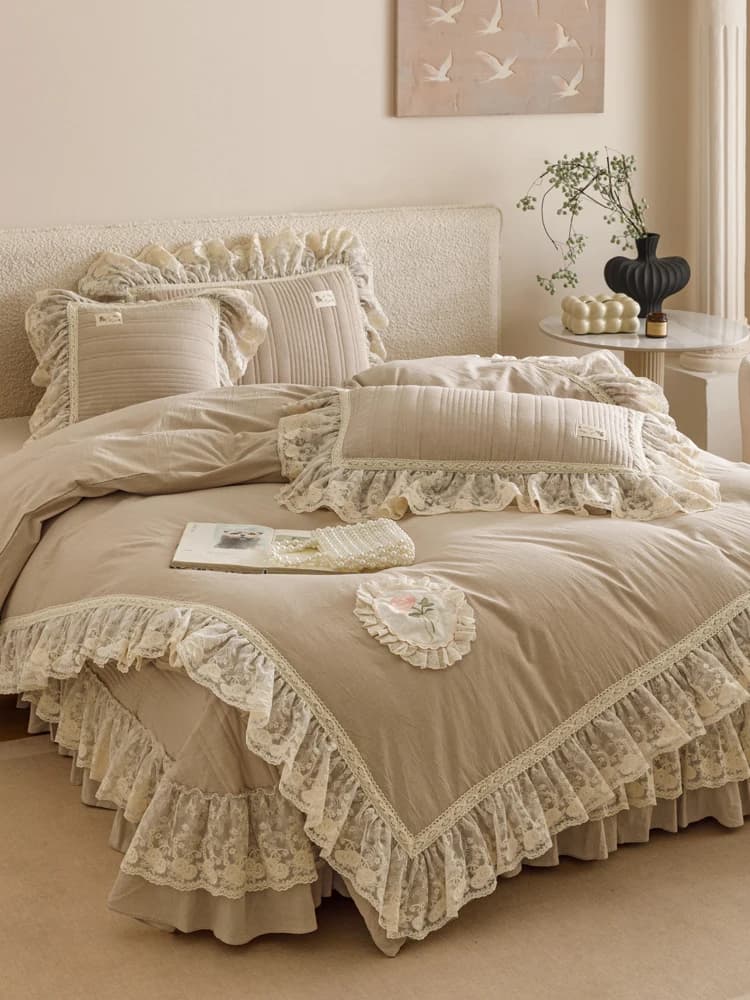 Pure Cotton Style Princess Bed Linen Set with Lace Finishes, Cotton Soft Cover for All Seasons