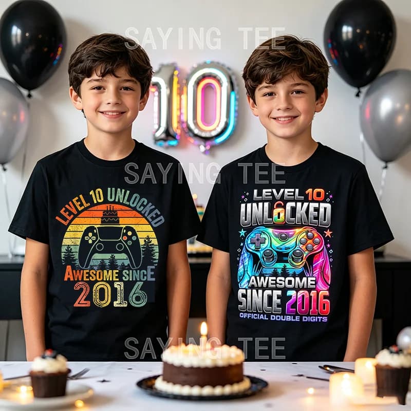 Level 10 Unlocked Since 2016 Video Gamer Awesome T-Shirt Sons Nephews 10th Birthday Gift Game Controller Born in 2016 Saying Tee