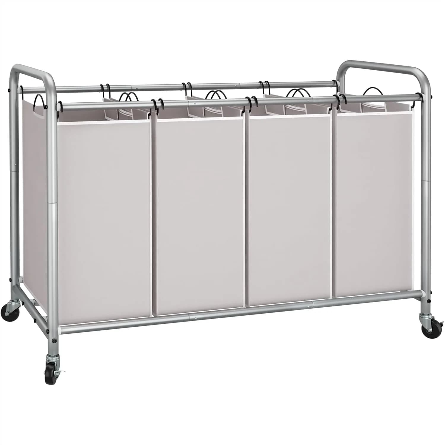 Carrello Portabiancheria a 4 Scomparti con Ruote, Cesto Portabiancheria da 179 Litri con Sacchi Rimovibili, Grigio