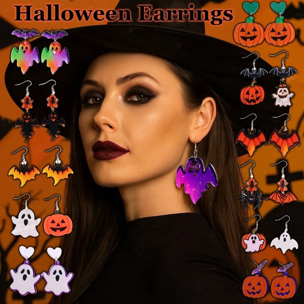 Fashion Bat Halloween Earrings Heart Acrylic Cute Ghost Ear Studs Colorful Spider Pumpkin Dangle Earrings Gift