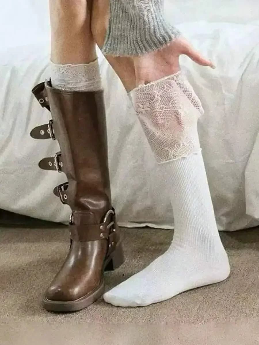 Women Lace Patchwork Over-The-Knee Socks For Long Boots Retro Chic Style