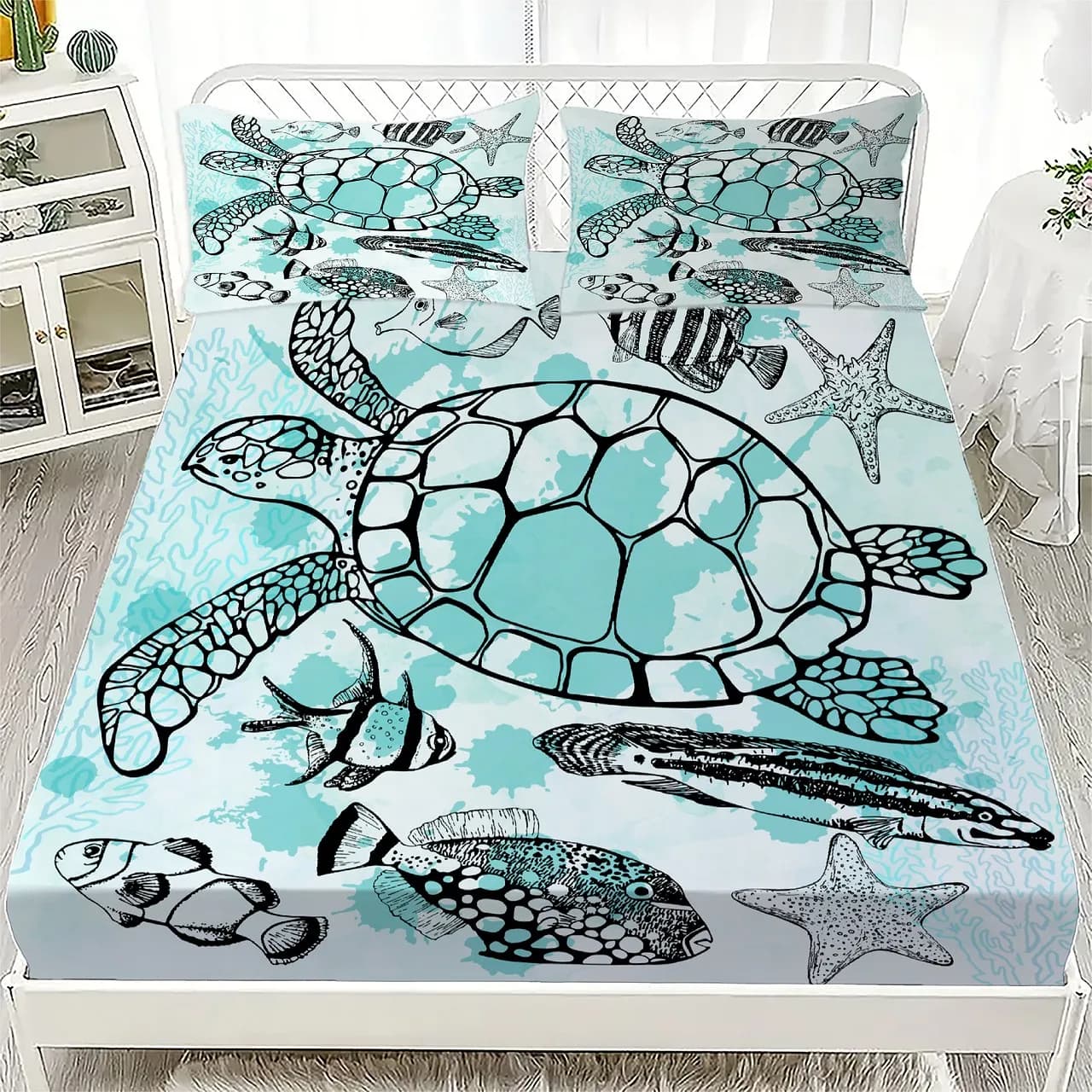 Set lenzuolo a tema oceano subacqueo Set lenzuolo con angoli in cotone 100% con stampa di conchiglie di tartaruga di corallo bianco blu traspirante per la camera dei bambini