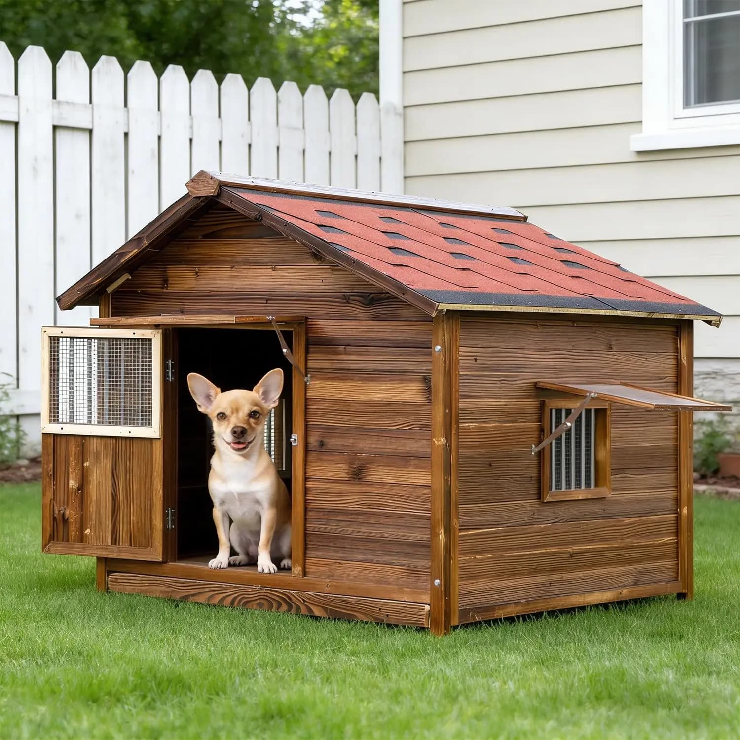 Cuccia per Cani in Legno di Pino con Pavimento Rialzato Rimovibile, Resistente alle Intemperie, per Interni ed Esterni, per Cani di Piccola e Media Taglia, Personalizzabile