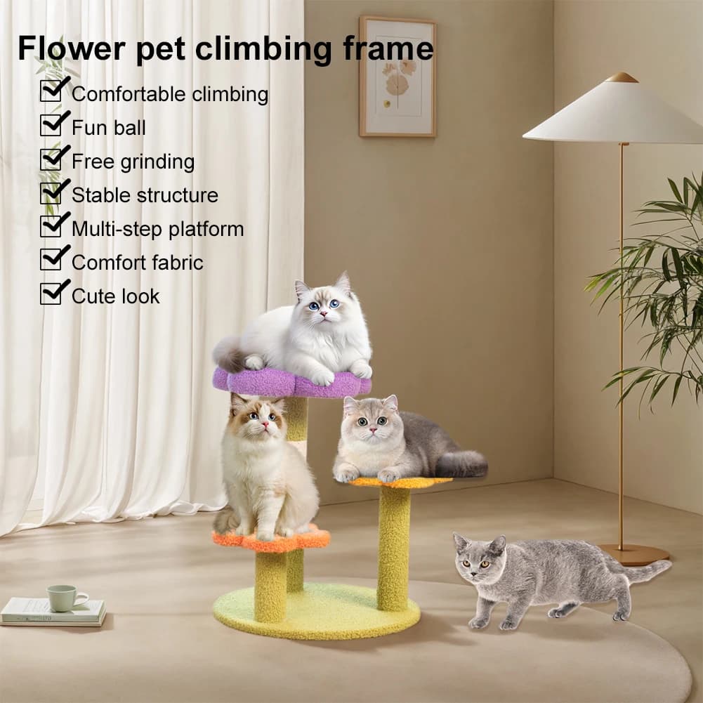 Torre per Gatti a Forma di Fiore, Struttura per Arrampicata con Sisal, Piccola Torre a 3 Livelli Interattiva per Gioco e Relax