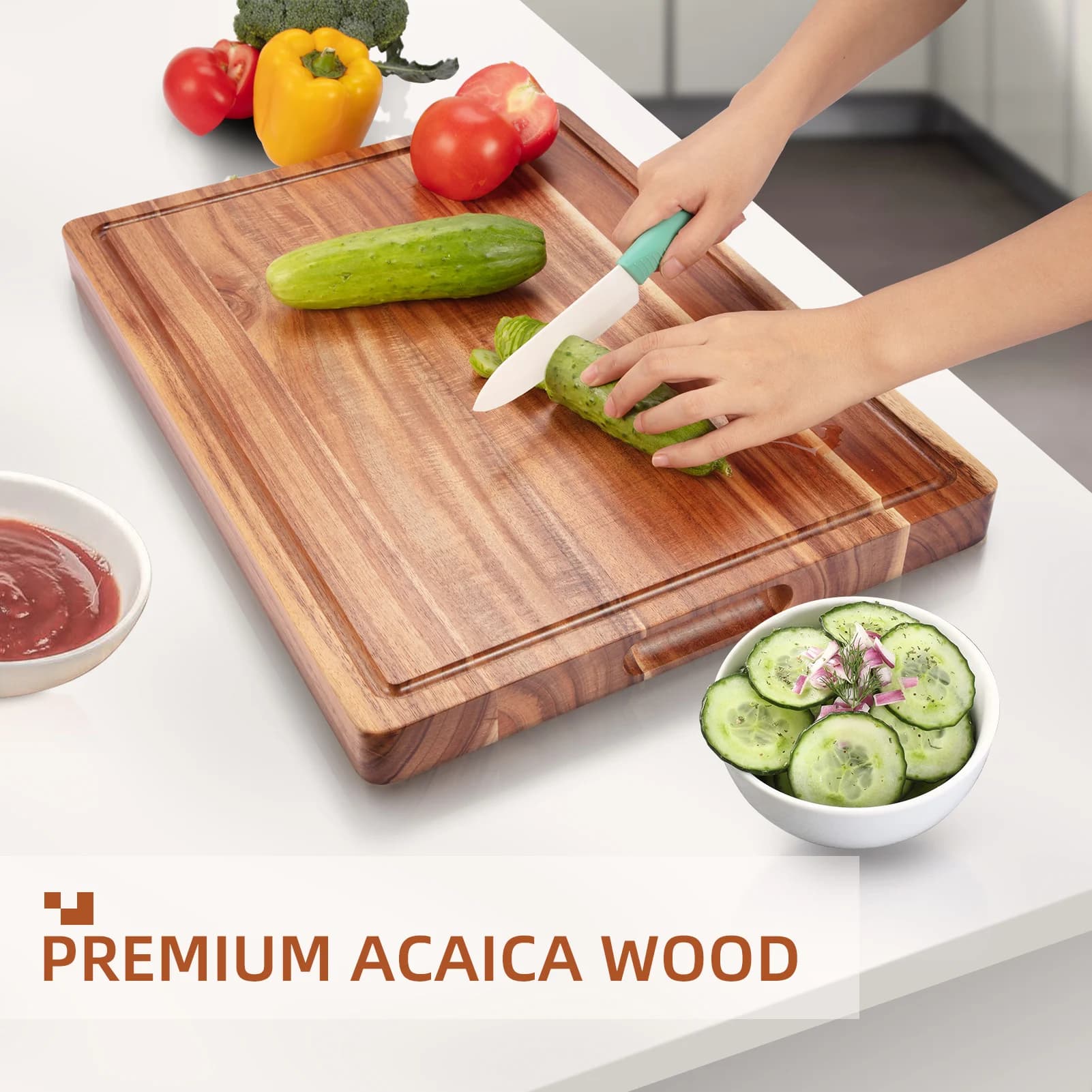Acacia wood cutting board for kitchen - Large wood cutting board with Profonde grooves for Succhi and Manici per Carne e Verdure