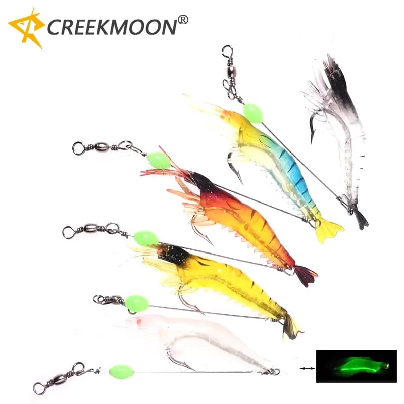 5 Pezzi Esche Artificiali Morbide in Gomma Luminose a Forma di Gamberetto con Girella e Perline per Rig Sabiki, Attrezzatura da Pesca per Acqua Dolce e Salata