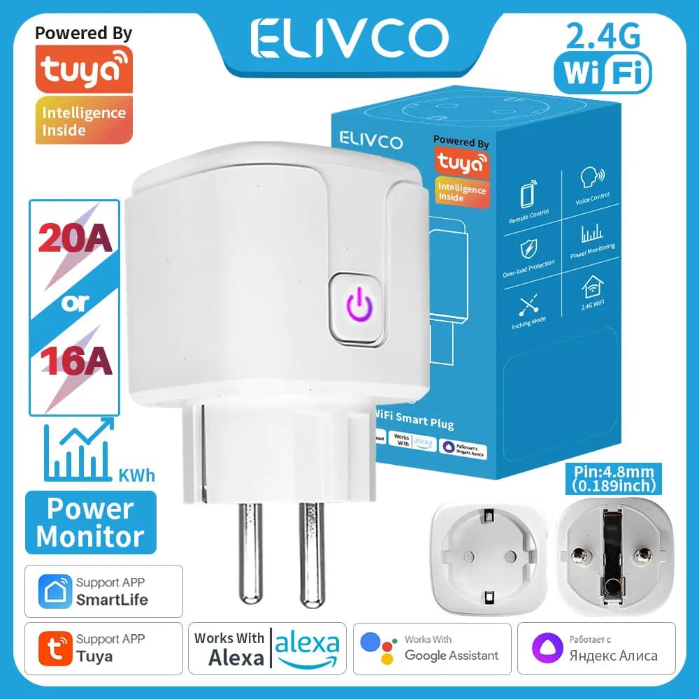 Intelligent WiFi Tuya 16A/20A Standard EU with Battery Monitoring and Timer Function, Remote Control via APP