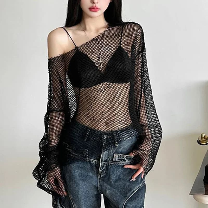 T-shirt trasparente da club sexy in rete da donna T-shirt a maniche lunghe scavate nere Moda estiva femminile Streetwear Top Y2K di base Lady