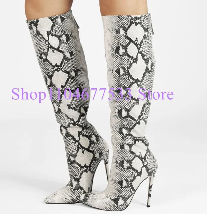Women's High Knee Boots Printed Sexy Leather Snake Leather Long Boots Women's Long Boots With Pointed Toe And Thin Heel Stage Shoes For Large Banquets