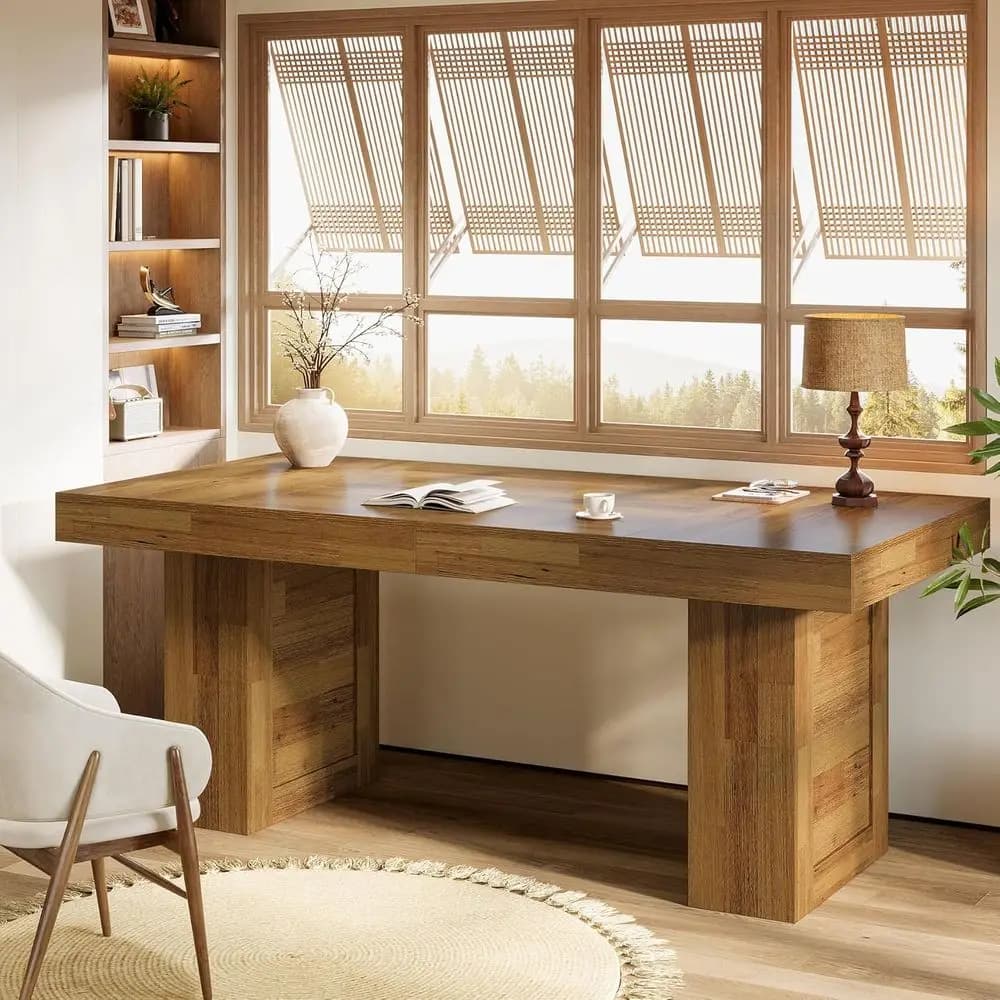 Scrivania Direzionale Grande in Legno di Quercia Rustico con Gambe Robuste - Ideale per Ufficio Domestico, Postazione di Lavoro, Conferenze e Riunioni