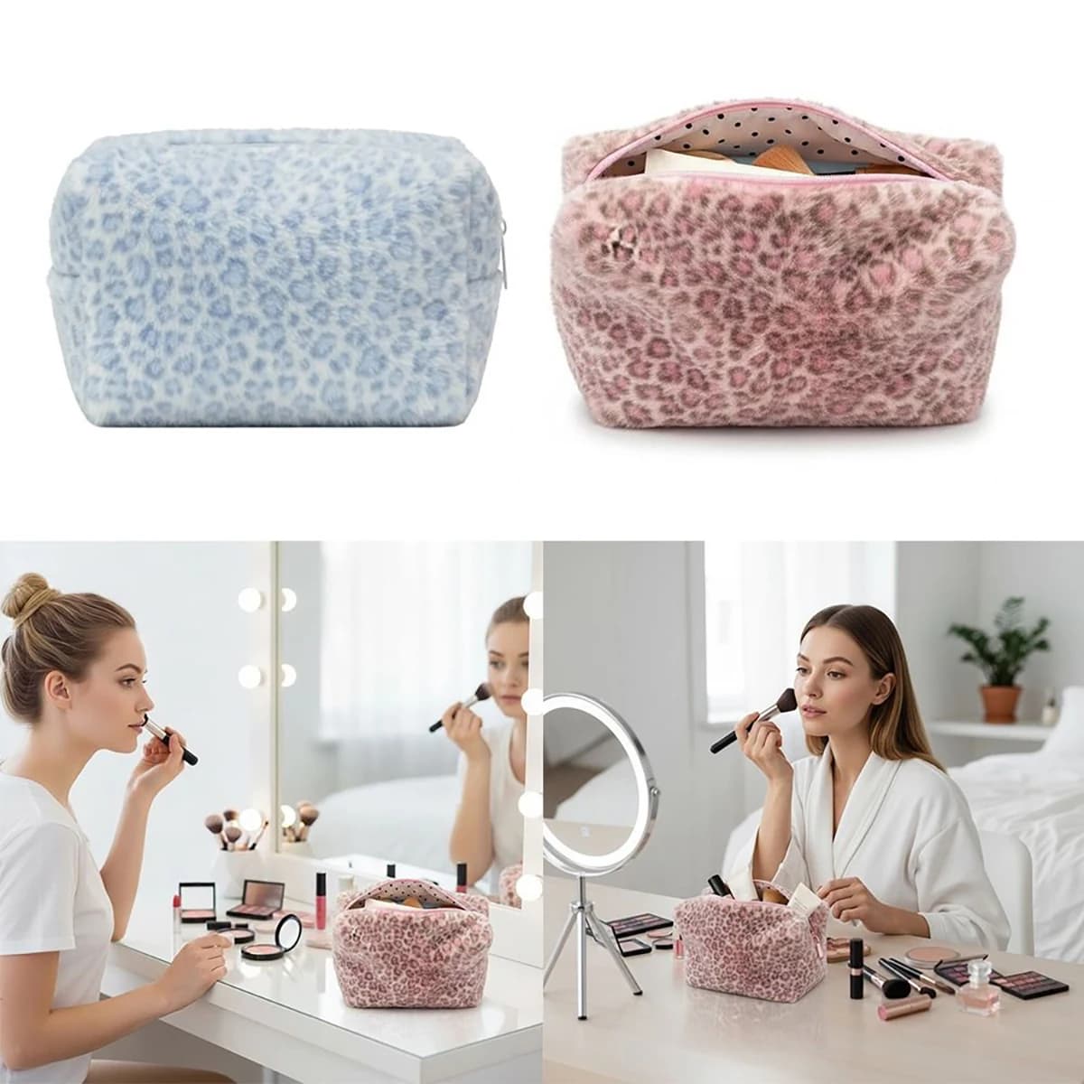 Durable Fuzzy Makeup Bag Large Capacity Leopard Print Toiletry Organizer Portable Cosmetic Bag Girls Travel Storage Pouch