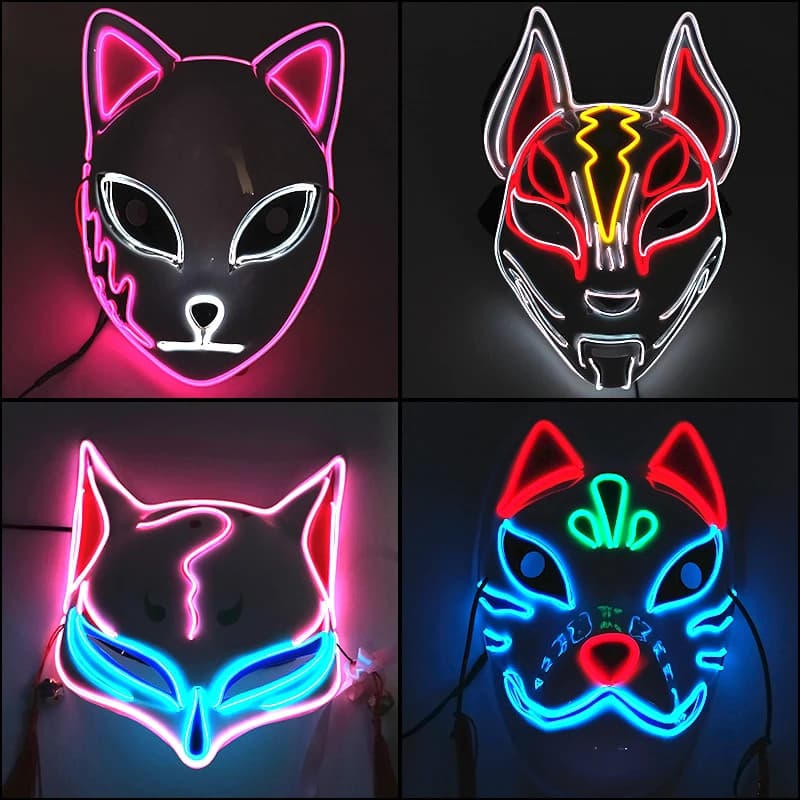 Incandescent Demon Slayer Mask Cosplay Japanese Cartoon Neon Light Samurai Bright Mascara Led Fox Mask for Halloween Christmas