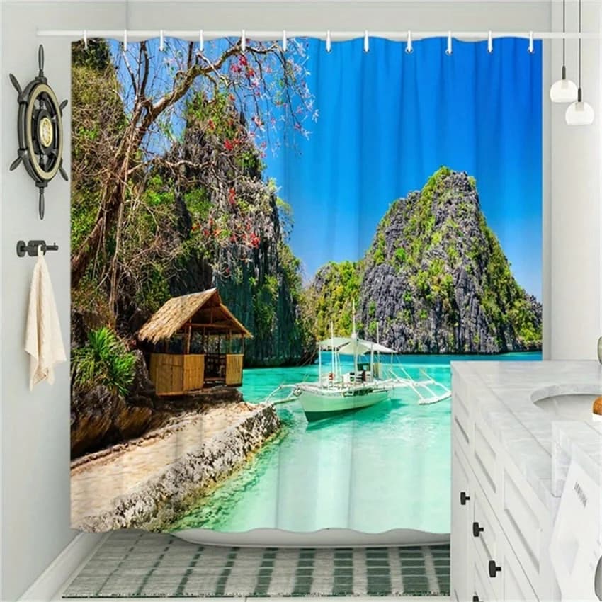 Tenda da doccia per capanna da spiaggia tropicale - Tetto rustico, barca stabilizzatrice, Rocky Cliffs & Waters, Poliestere, Lavabile in lavatrice, Decorazione per vasca da bagno