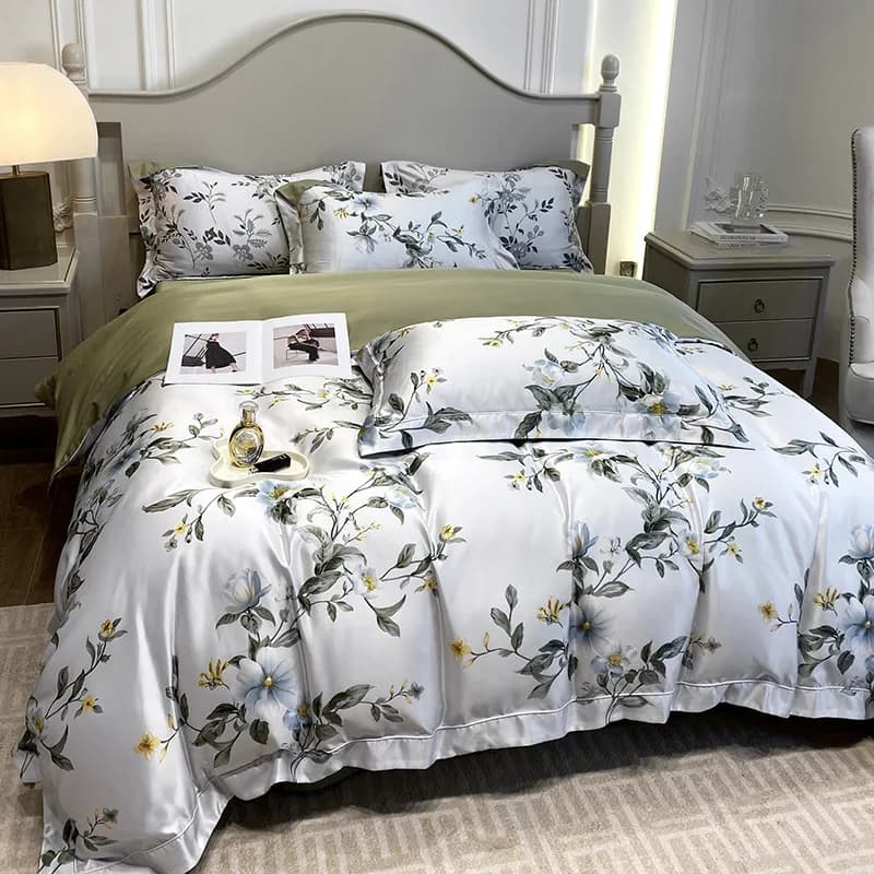 Set di biancheria da letto stampati con piante di seta ghiacciata estiva Set di trapunta in seta con sensazione di freschezza e confortevole biancheria da letto per dormire nudi