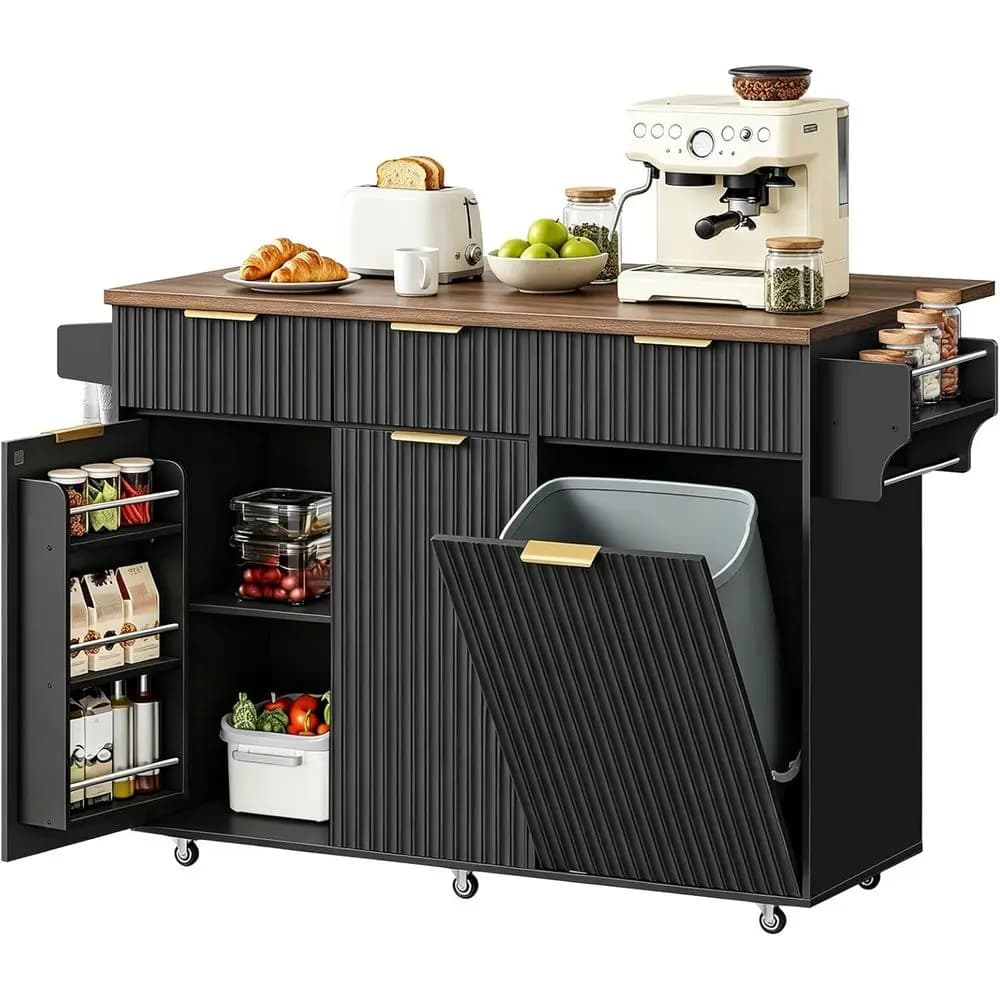Mobile Kitchen Island with Drop Leaf Countertop, Rolling Cart, Trash Storage, Adjustable Shelves, Spice Rack, Towel Bar, Black a