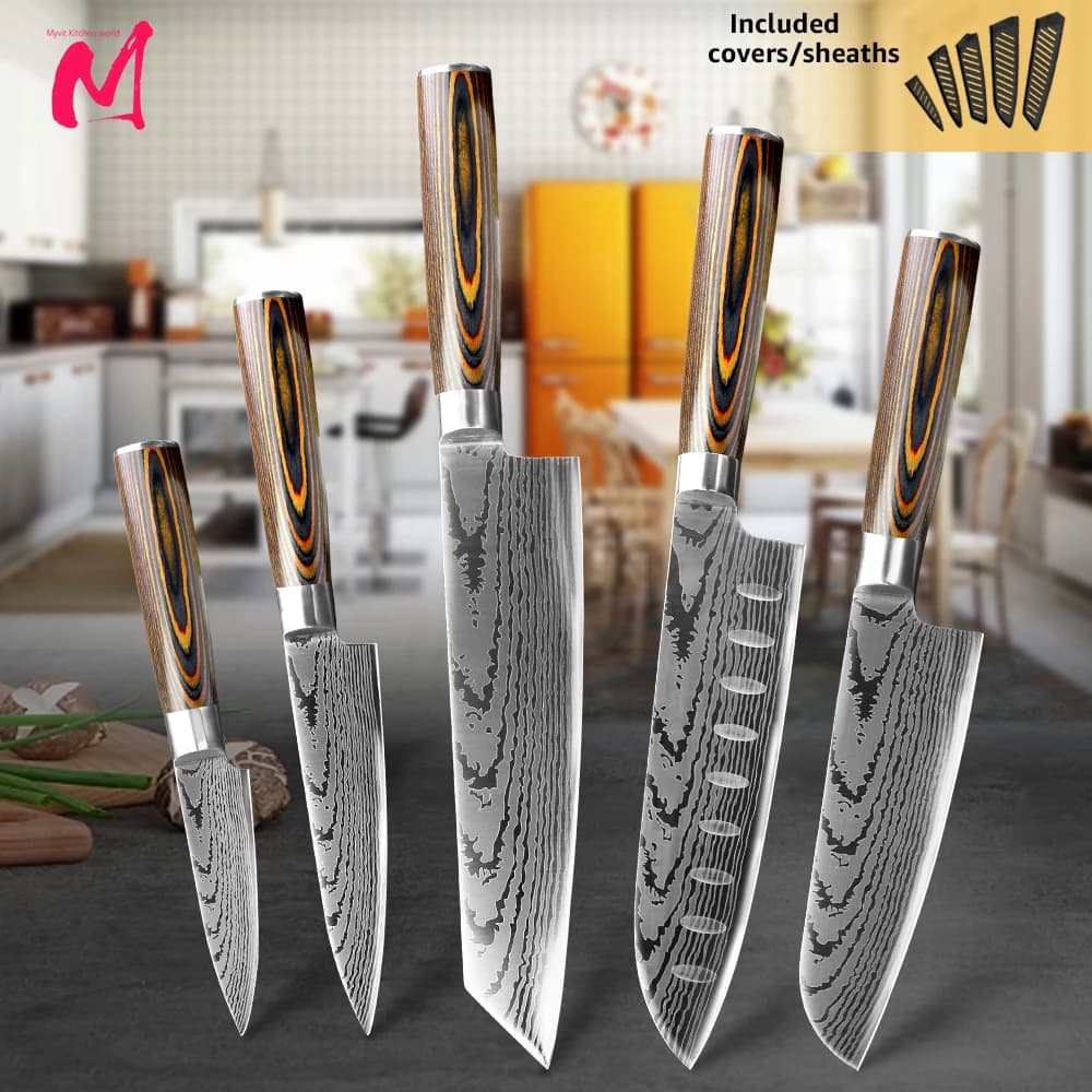 Coltello da cucina Coltelli da chef Giapponese 7CR17 440C Acciaio inossidabile ad alto tenore di carbonio Imitazione Damasco Levigatura Coltello laser
