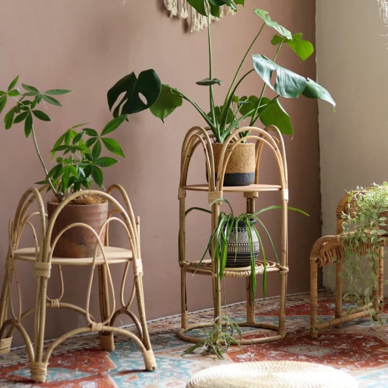 Supporto per Fiori in Rattan Naturale Intrecciato, Portavasi Nordico, Scaffale Multilivello per Piante, Decorazione per Balcone