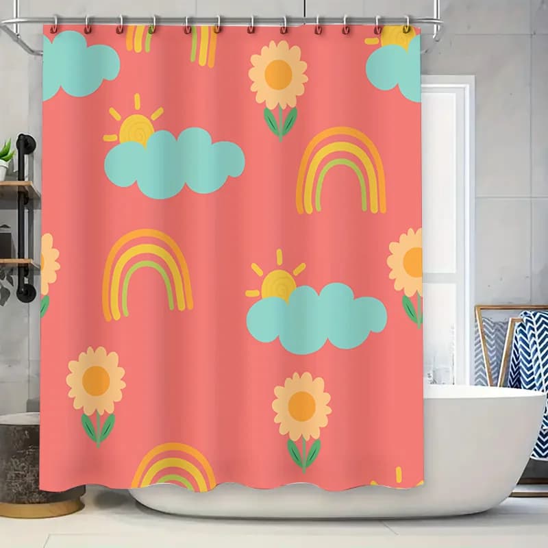 Tenda da doccia rosa con nuvole di sole Fiori arcobaleno Tappetino da bagno decorativo impermeabile Decorazione della casa Stampa Dimensioni: 180x