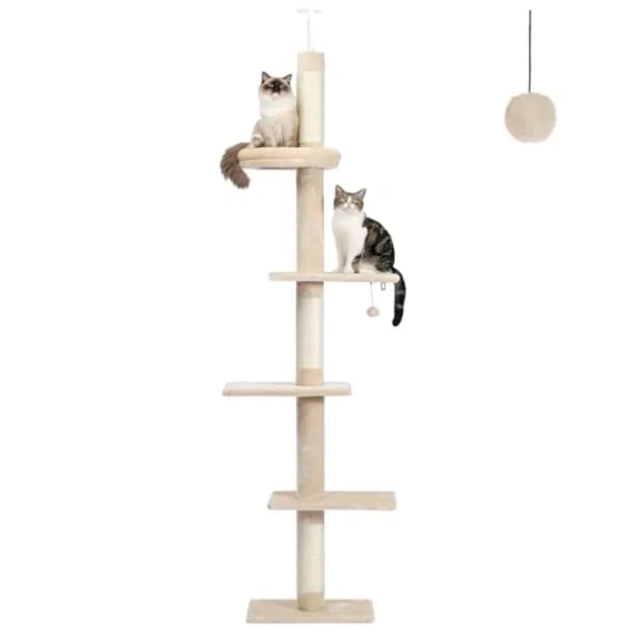 5-Tier Floor to Ceiling Cat Tree, 95-107In Tall Cat Tower cat activity center with scratching post, cozy resting bed and dangli