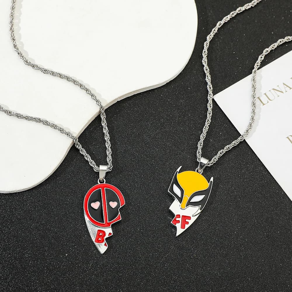 2pcs Deadpool Wolverine Heart-Shaped BBF Trendy Charm Pendant Necklace Set Gift for Friends Anniversary Fashion Accessories