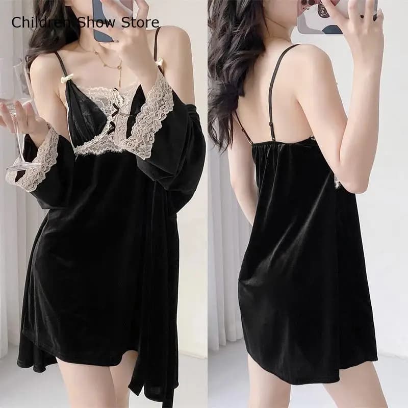 Nightdress patchwork in black lace Sexy spaghetti strap Nightwear in hot velvet Bridal Dress 2 pieces Night dresses