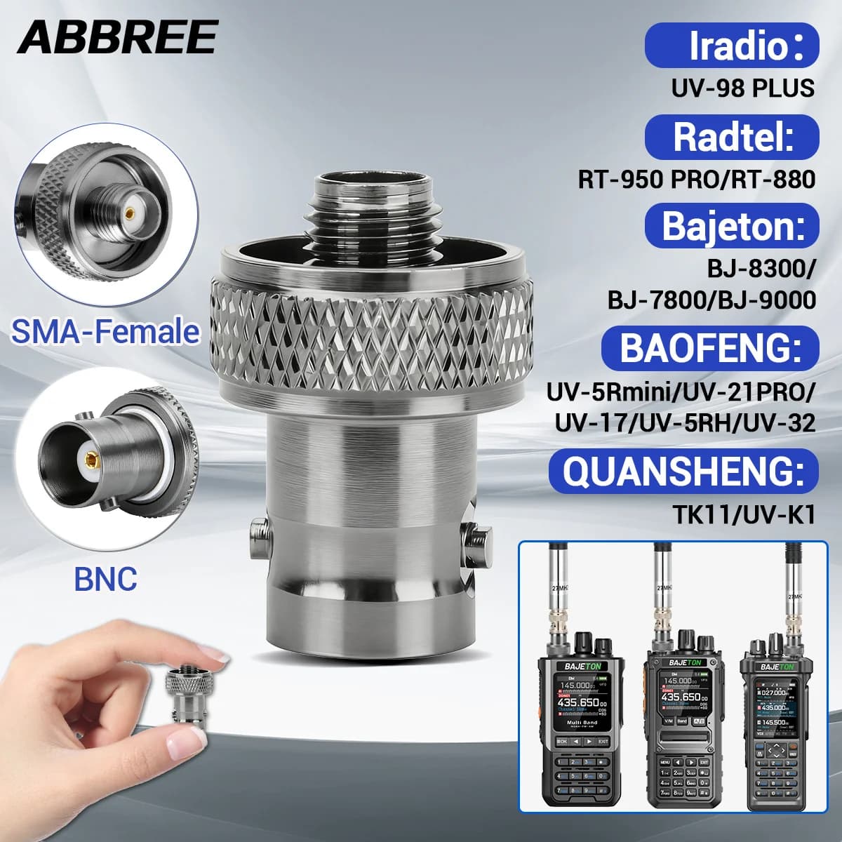 ABBREE Adattatore connettore SMA-femmina a BNC Adattatori antenna per walkie talkie Comunicazione a lungo raggio per mini radioamatori UV-5R