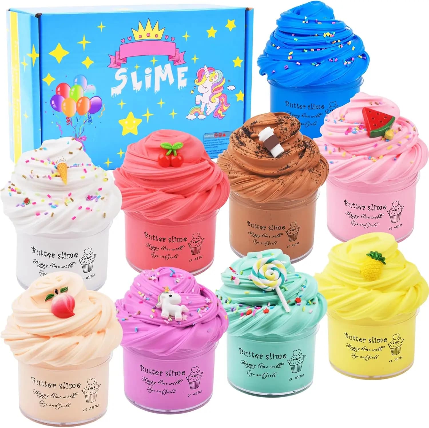 WUHUANIU Kit di 9 Slime Profumati, Ideale per Bambini, Super Morbido e Non Appiccicoso, Giocattolo Sorpresa Fai-da-Te, con Charm