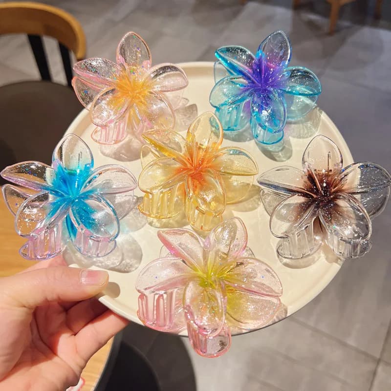 New Flower Shape Hair Spring Sparkling for Women, Transparent Sweet Clip for Horsetail, Versatile Accessories for Girls
