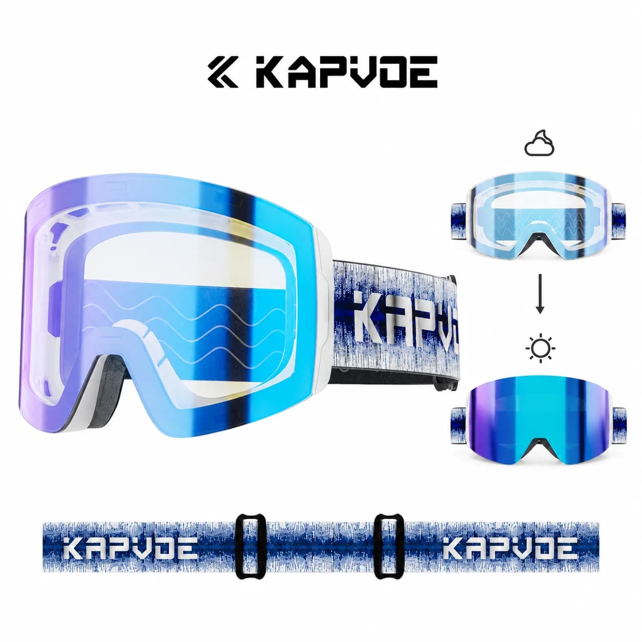KAPVOE Magnetic Ski Goggles Cylindrical Lens Quick Change OTG Photochromic Options Adjustable Strap for Skiing Snowboarding