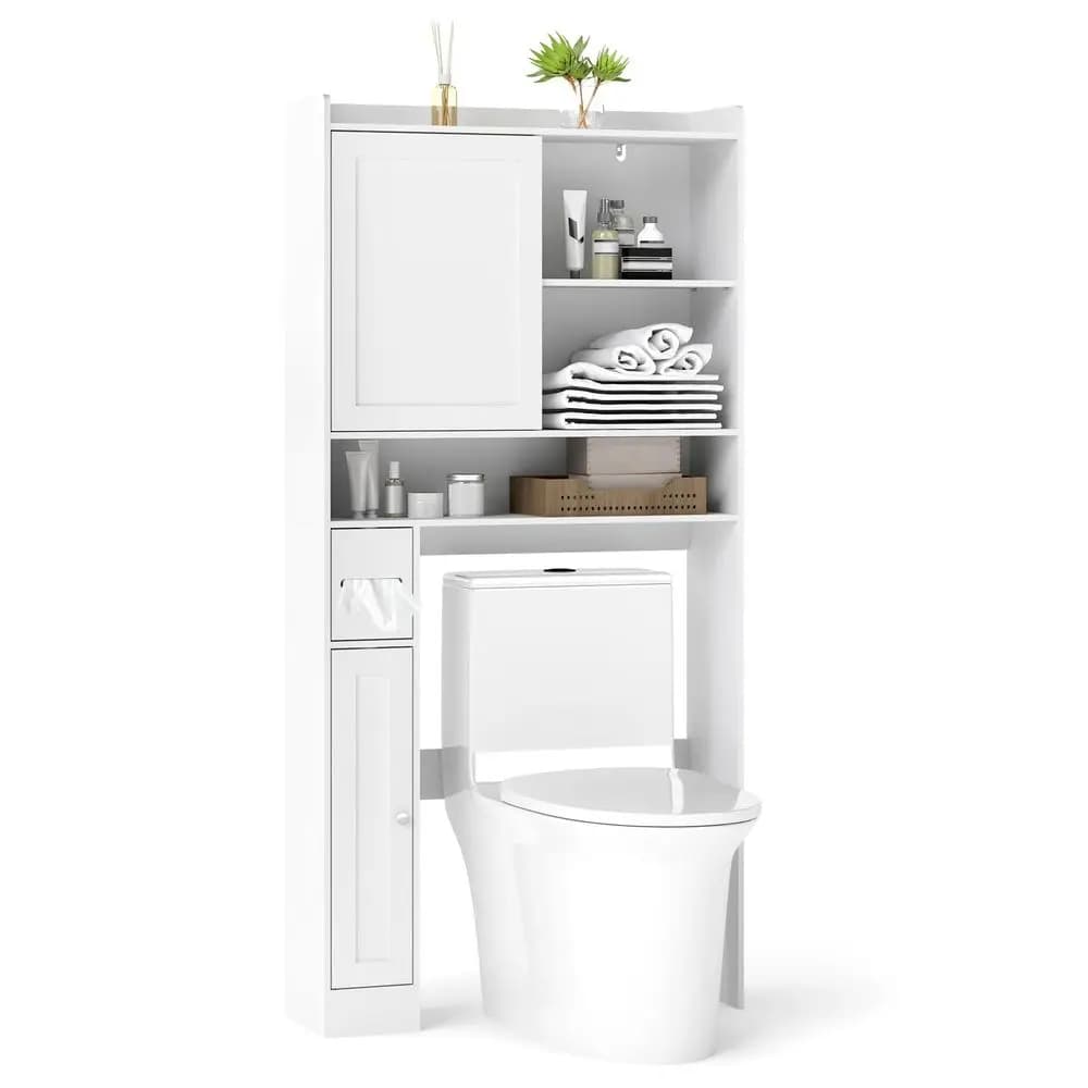 Mobiletto da Bagno Sopra il WC, Salvaspazio Autoportante con Porta Scorrevole, Ripiani Regolabili, Porta Carta Igienica, Design Moderno