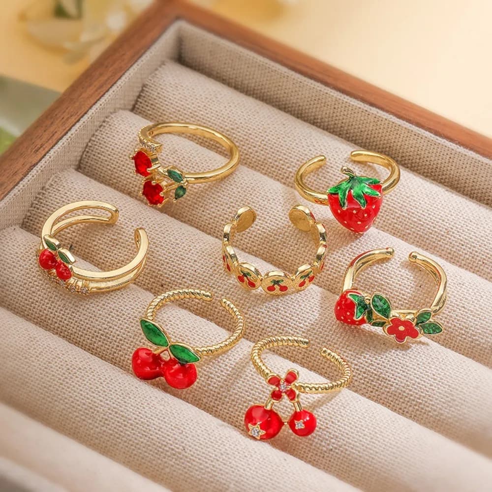 Serie di frutta dolce e carina Anelli di apertura regolabili in acciaio inossidabile con piccola fragola e ciliegia per regalo di gioielli da dito alla moda da donna
