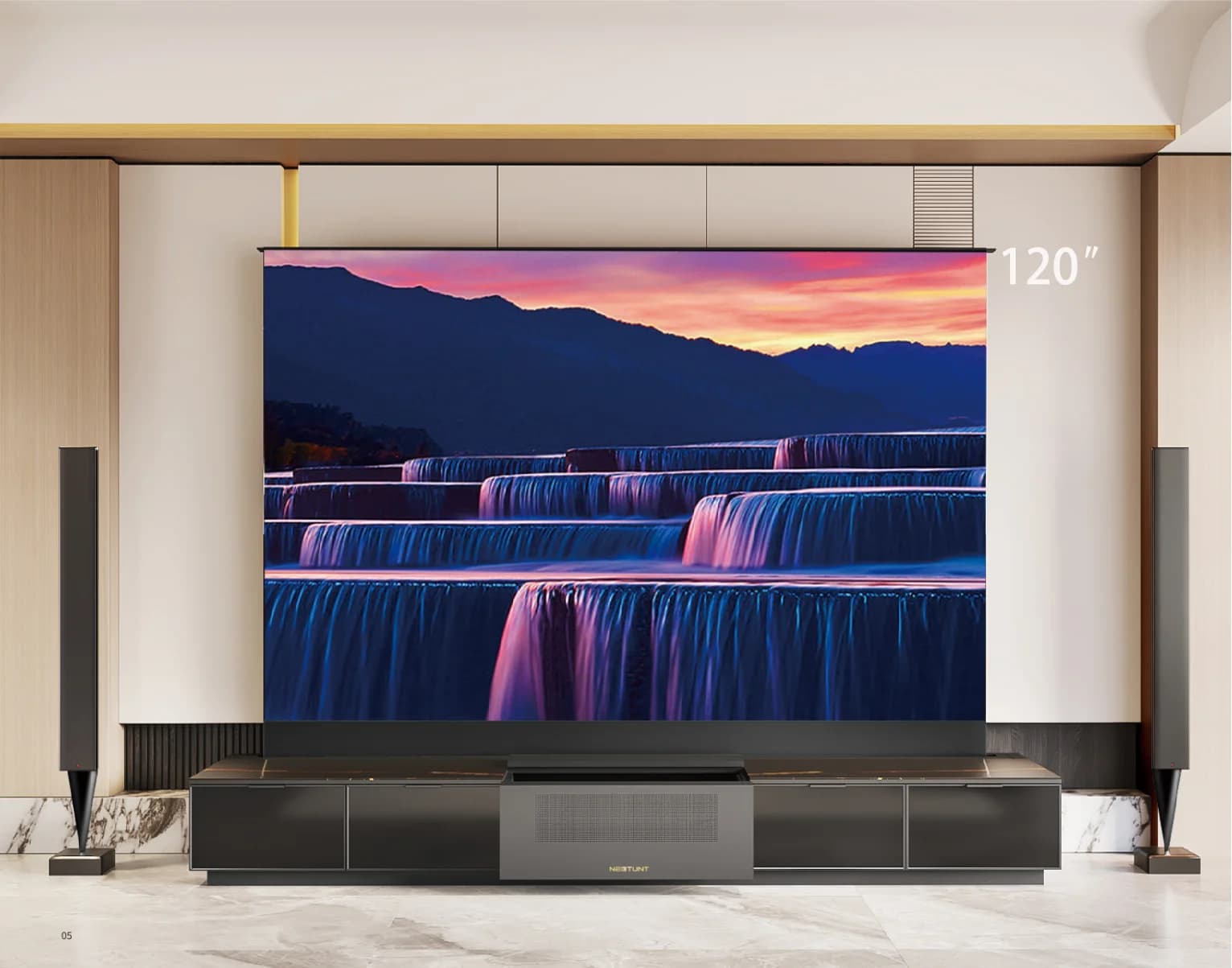 2024 Nuovo 120 "Smart Mobile TV Laser Con UST ALR Pavimento Aumento Schermo di Proiezione Smart Home Theater Laser TV Proiettore Cabinet