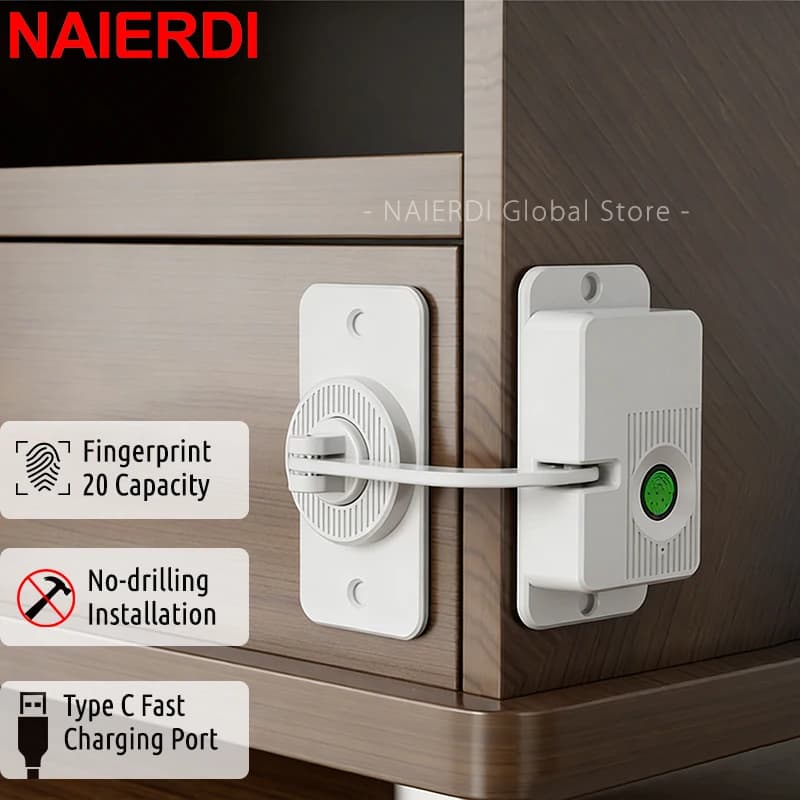 Serratura per Armadietto con Impronta Digitale NAIERDI, Elettronica Senza Foratura, Senza Chiave, Sicurezza per Bambini, per Cassetti, Porte Scorrevoli e Finestre