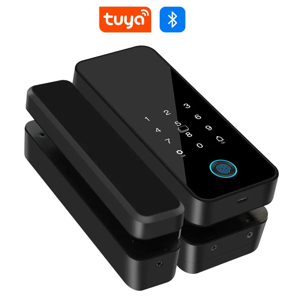 Tuya APP Porta in vetro Blocco impronte digitali Bluetooth Smart Biometrico Elettronico Serratura per porta in vetro per ufficio 13,56 Mhz RFID IC Sblocco senza chiave