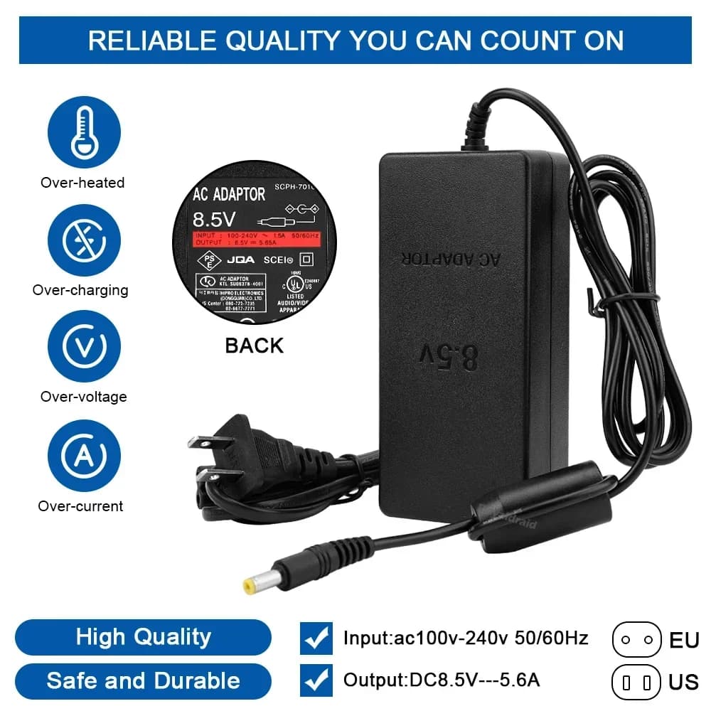 Adattatore di alimentazione con spina EU/US AC 100~240V, cavo caricabatterie DC 8.5V 5.6A per PS2 Slim Serie 70000, accessori da gioco