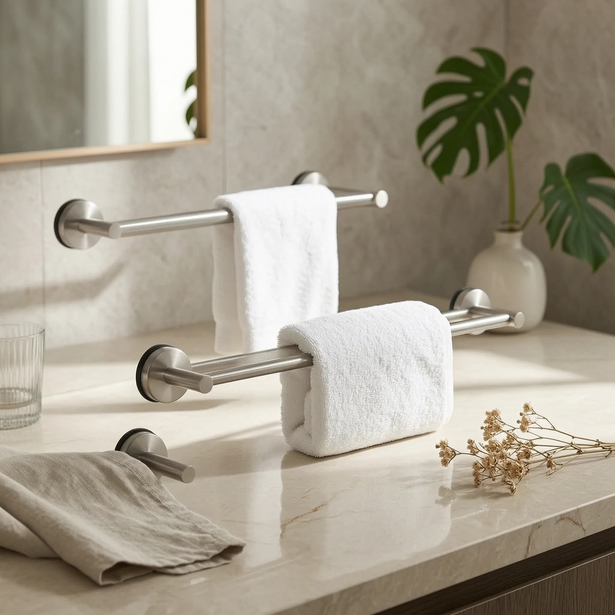 5 Pieces Suction Cup Organizer Rustproof Towel Bar with Suction Cups Bathroom Hardware Set Retractable for Renters, Kitchen
