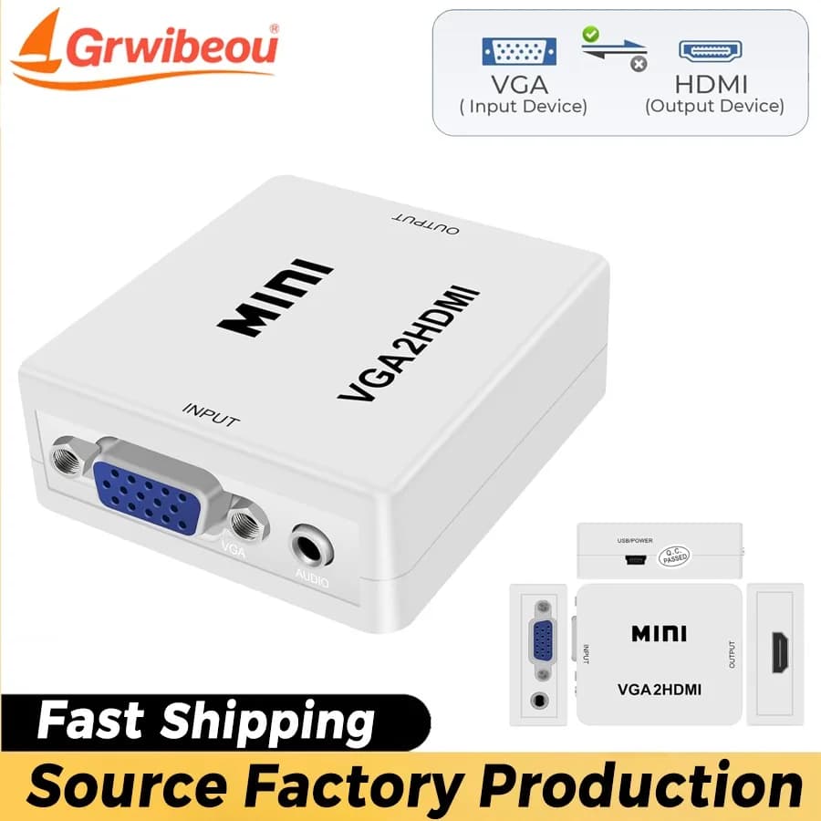 Grwibeou Mini VGA to HDMI compatible video converter, 1080P audio adapter for notebooks, PC, HDTV, projector, TV with USB power cord