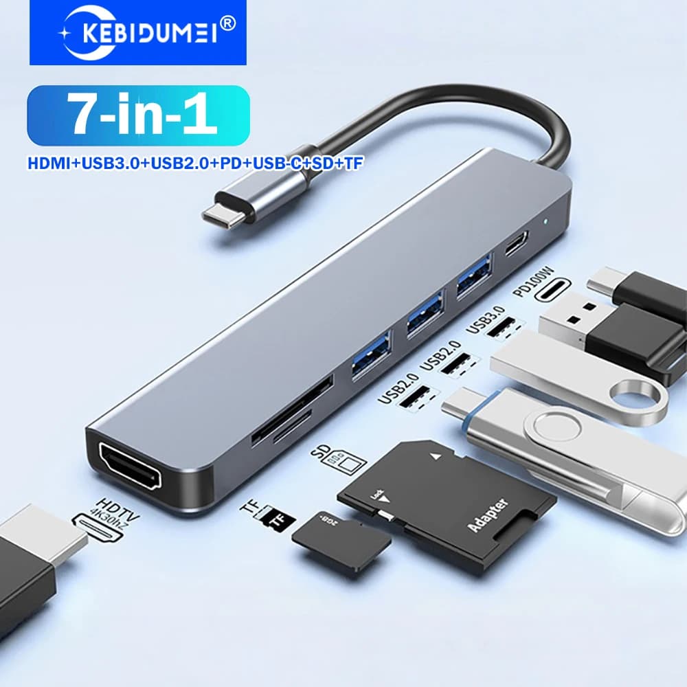 KEBIDUMEI Docking Station USB C 7-in-1 HUB USB USB 3.0 5Gbps Trasferimento dati da tipo C a 4K Adattatore HDMI Splitter USB per laptop Macbook