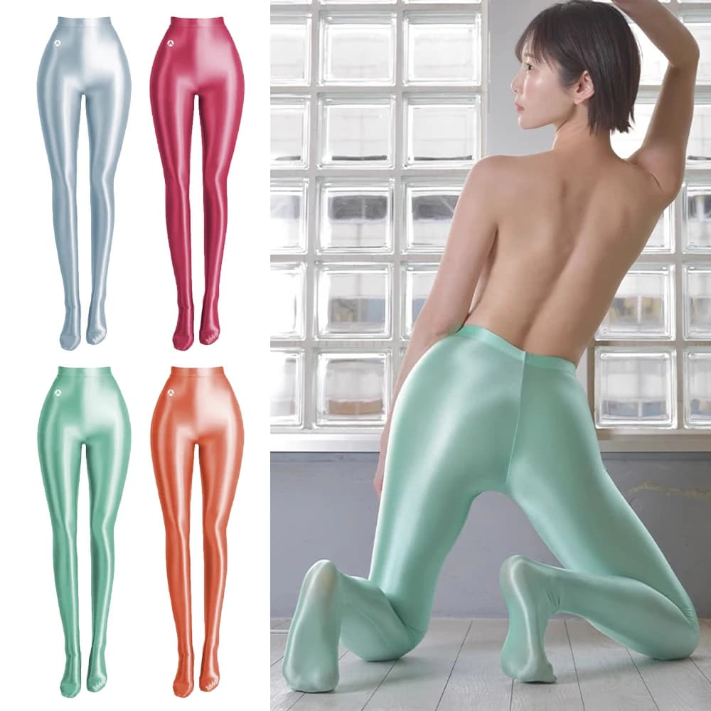 AMORESY Donne Raso Lucido Ultra-sottile Trasparente Leggings A Vita Alta Collant Yoga Pilates Corsa Olio Fitness Jeggings Collant