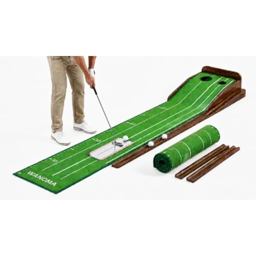 Tappeto da Golf Premium in Legno per Putting Indoor - Velocità Stimp 10-11, True Roll Mat - Ritorno Automatico della Palla, Doppie Buche di Precisione, Specchio di Allineamento