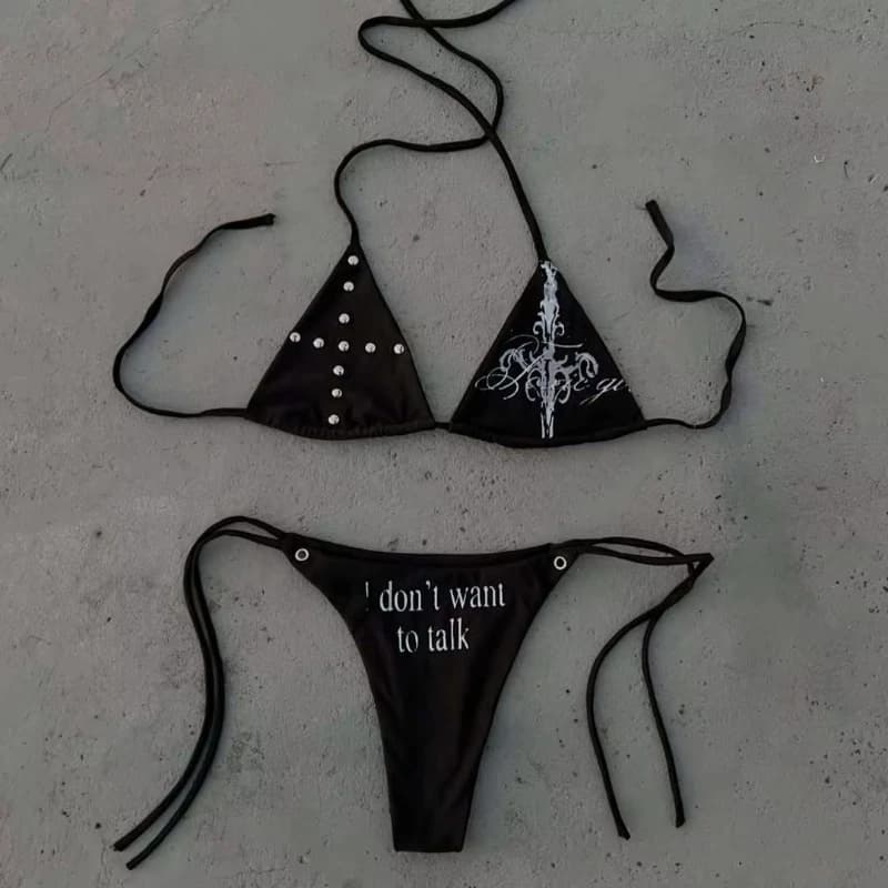 American Harajuku Casual Letter Printing Lace Up Halter Top Three Point Bikini Summer Gothic Aesthetic Sexy Spice Swimsuit Suit