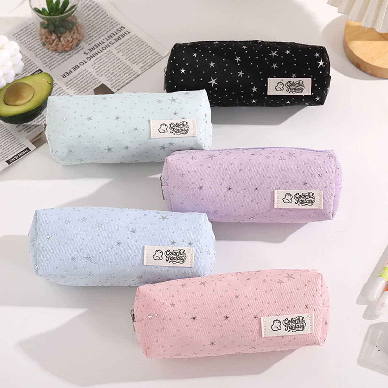 Pencil Case Polka Dot Star Design, Minimalist Stationery Storage Bag for Students, Portable Desktop Organizer, Back to School