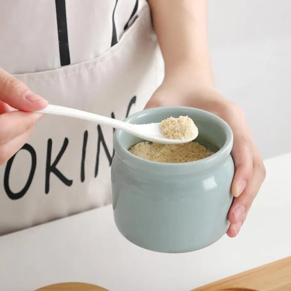 Set di 1 Contenitore in Ceramica per Condimenti con Coperchio in Legno, Barattoli per Spezie e Olio, Contenitori per la Conservazione degli Erbe Aromatiche